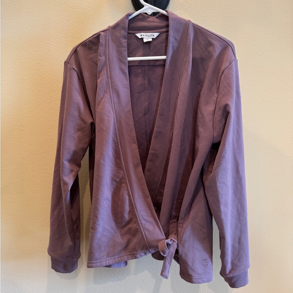 Athleta Women M Retroterry Wrap Sweatshirt Damask Mauve Knit Stretch Tie Active